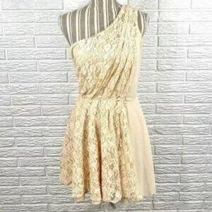 MM Couture Miss Me Cream Lace One Shoulder Dress - Size Small S